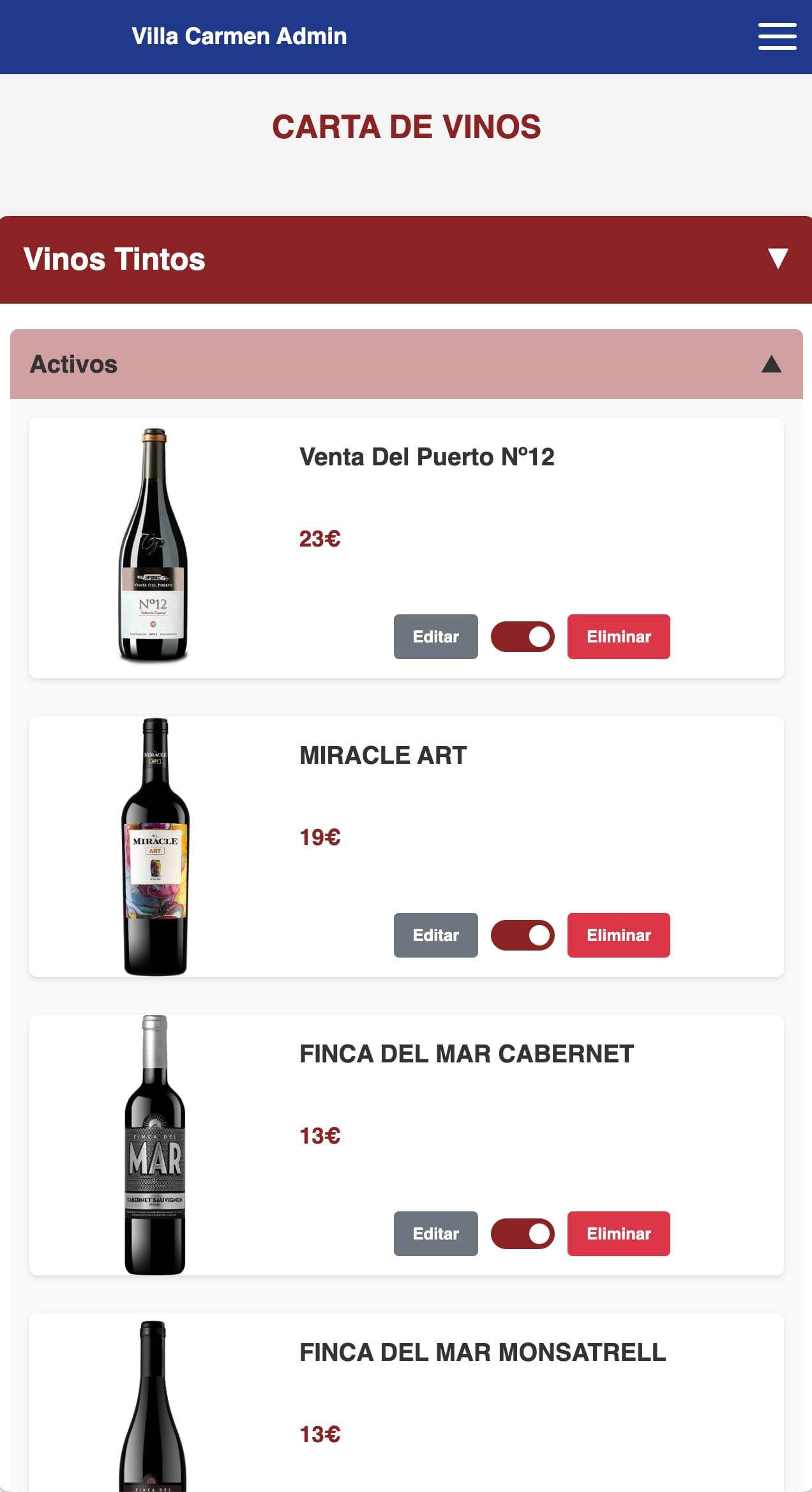 Administración de Carta de Vinos