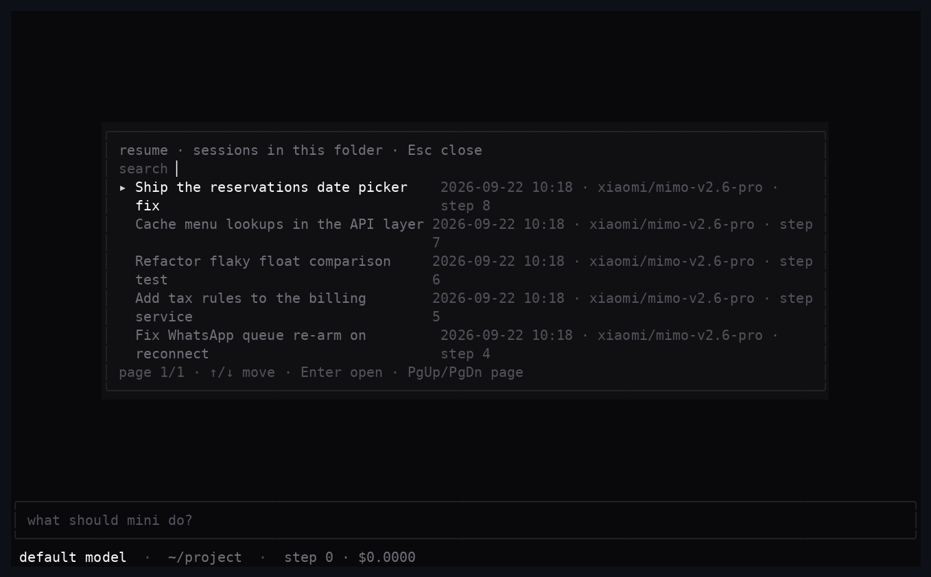 /resume - sesiones guardadas en SQLite